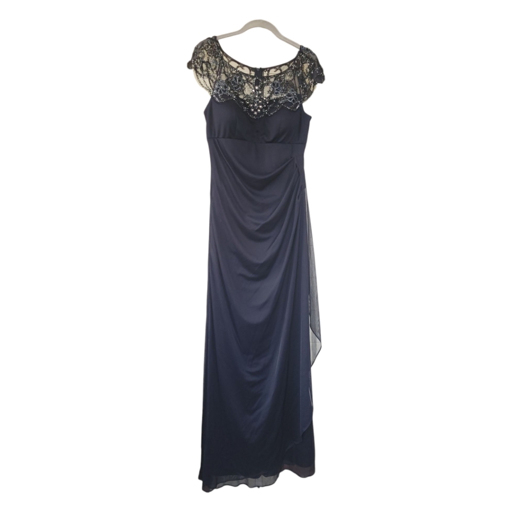 Xscape Navy Beaded Illusion Cap Sleeve Ruched Mother of Bride Formal Gown 6 - Picture 6 of 15